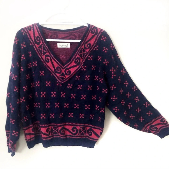 Vintage 80s Grandma Sweater Oversized Geometric Fair Isle V Neck M Medium - Picture 8 of 8